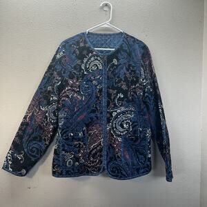 Vintage 70s Blue Paisley Print Quilted Lounge Jacket Bomber Hippie Festival SZ L